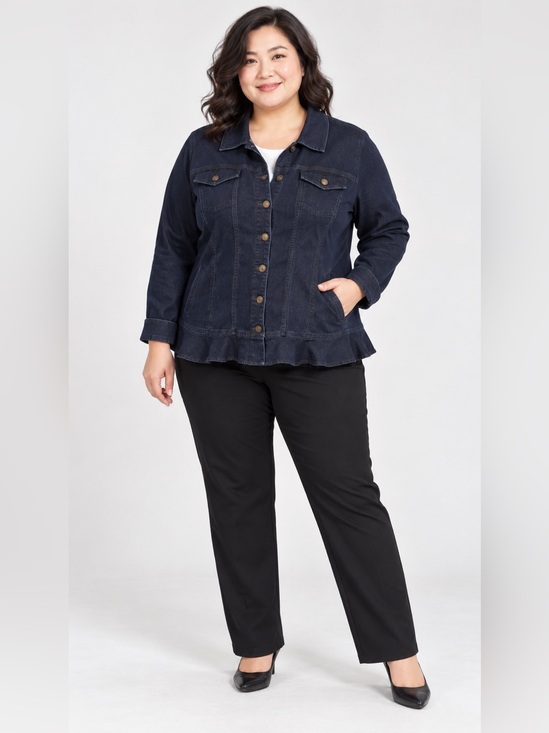 Nina Leonard Jackets & Blazers - Nina Leonard 3XL Dark Indigo Stretch Denim Jacket with Ruffle Hem